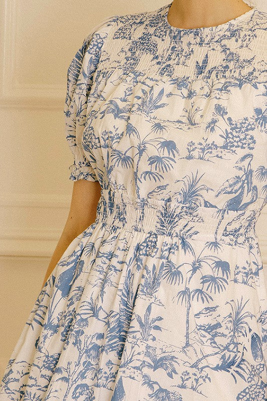 Elegant White Blue Floral Print Puffy Ruffle Elastic Mini Dress EDITE MODE Elegant White Blue Floral Print Puffy Ruffle Elastic Mini Dress EDITE MODE