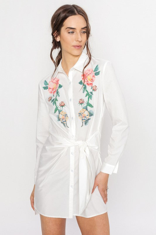 Elegant Floral Tie-Up White Shirt Dress