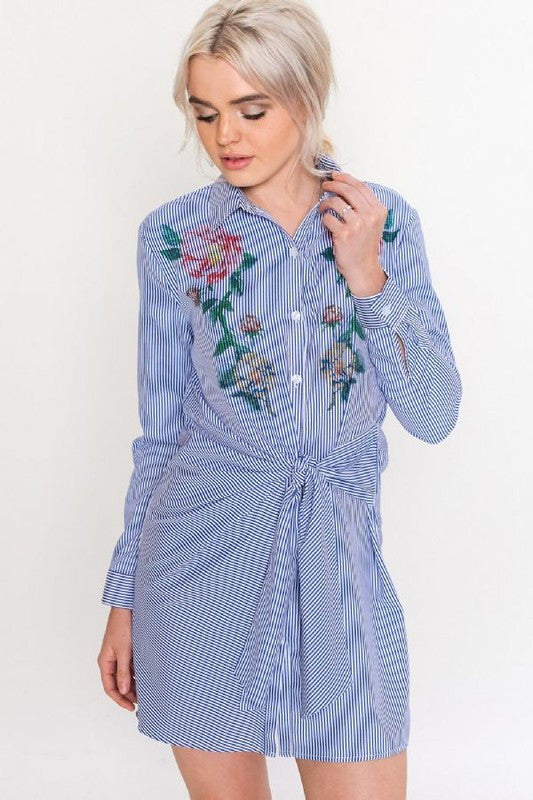 Fashion Marine Floral Tie-Up Shirt Dress