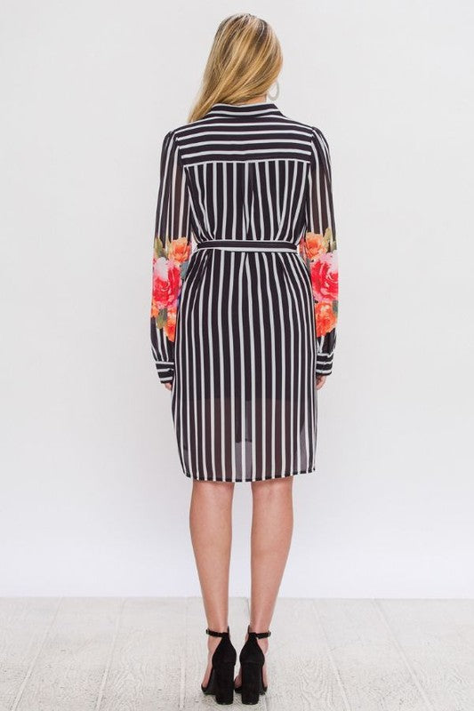 Fashion Black Contrast Floral Print Tie-Up Shirt Dress