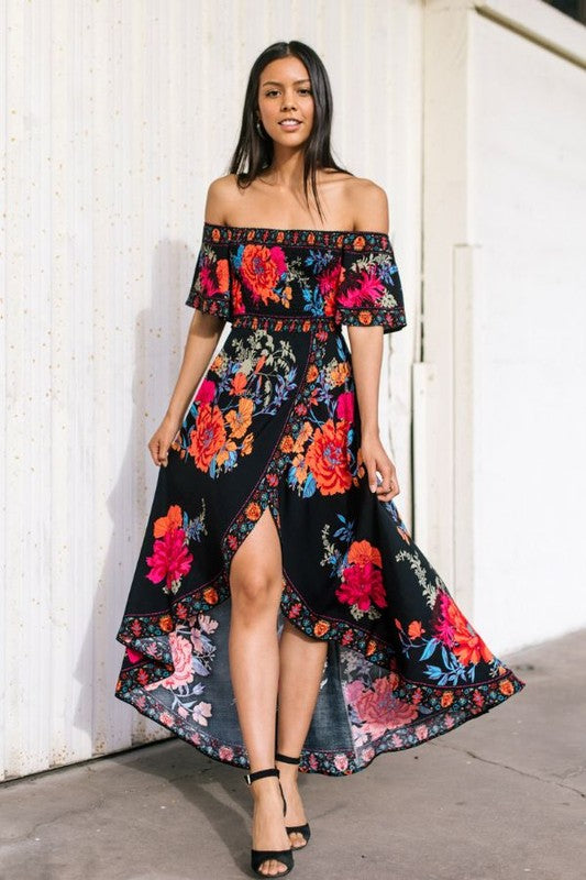 Fashion Off Shoulder Multi-Color Floral Print High Low Black Maxi Dress