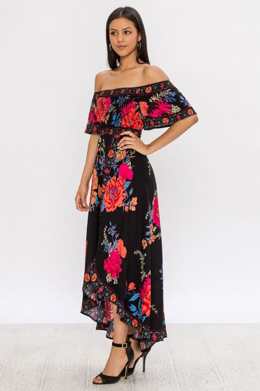 Fashion Off Shoulder Multi-Color Floral Print High Low Black Maxi Dress