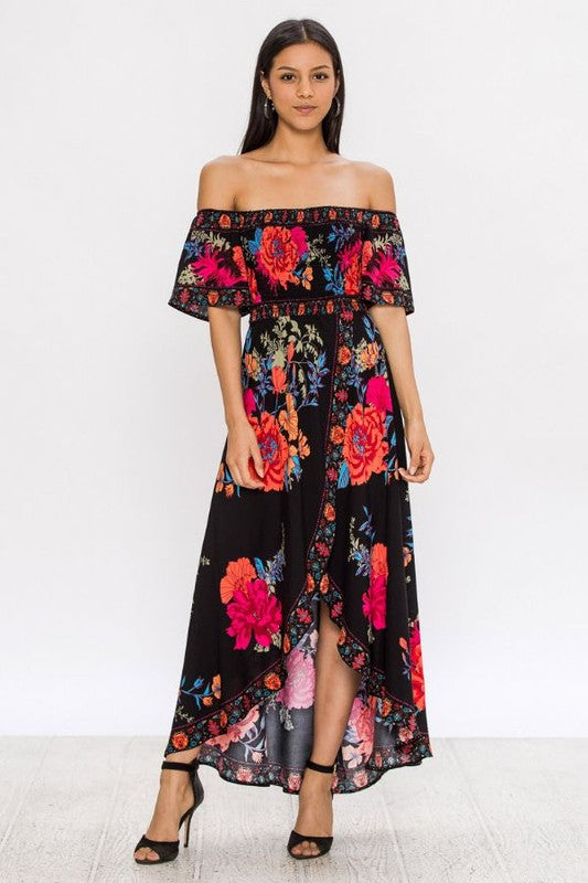 Fashion Off Shoulder Multi-Color Floral Print High Low Black Maxi Dress