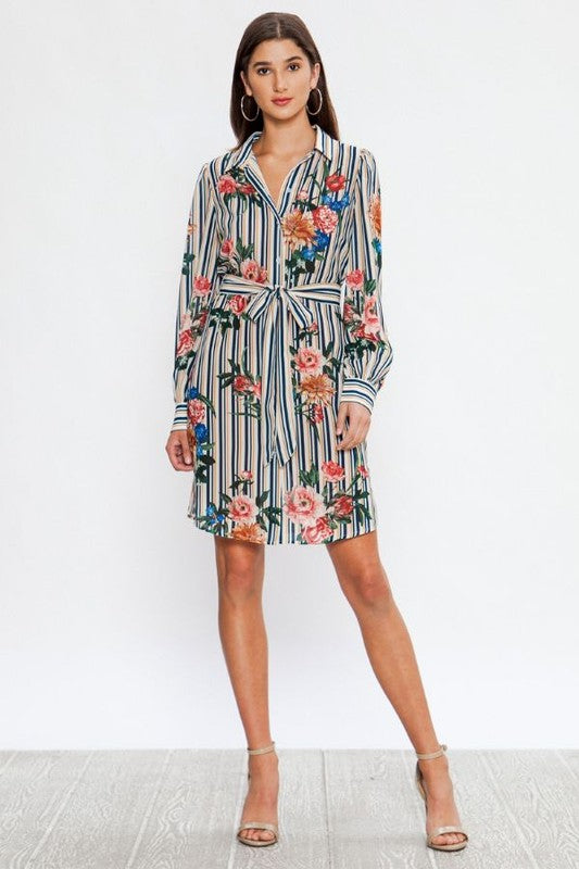 Fashion Ivory Contrast Multi-Color Floral Print Tie-Up Shirt Dress