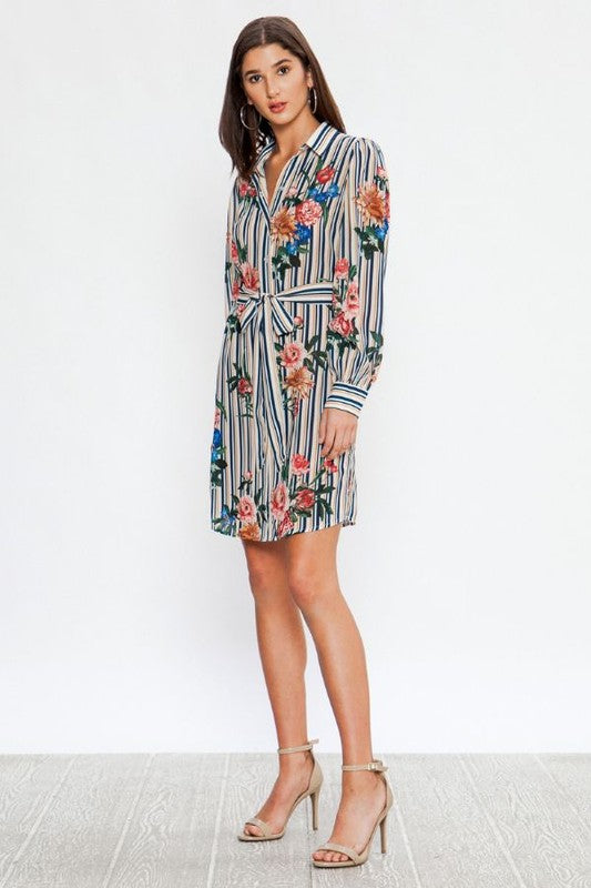 Fashion Ivory Contrast Multi-Color Floral Print Tie-Up Shirt Dress