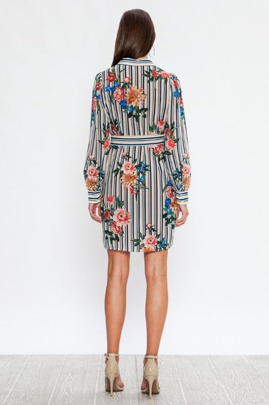Fashion Ivory Contrast Multi-Color Floral Print Tie-Up Shirt Dress