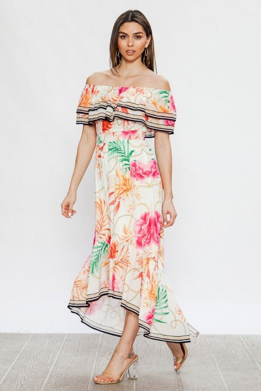 Elegant Off Shoulder Off White Ruffle Multi-Color Floral Print High Low Dress