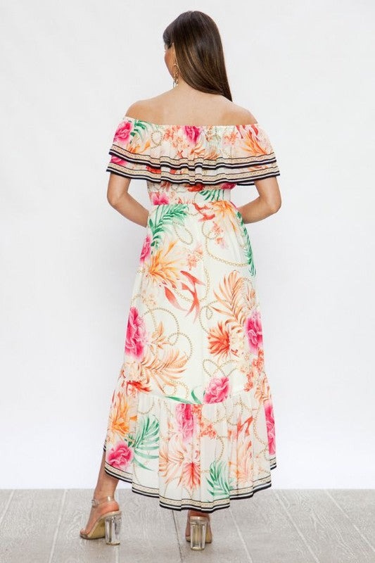 Elegant Off Shoulder Off White Ruffle Multi-Color Floral Print High Low Dress