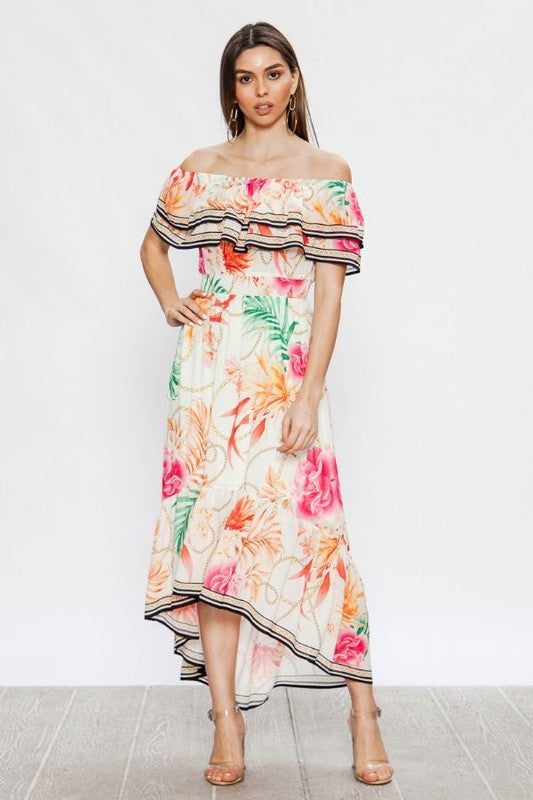 Elegant Off Shoulder Off White Ruffle Multi-Color Floral Print High Low Dress