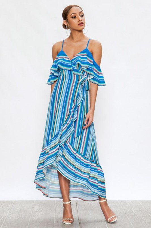 Fashion Strap Cold Shoulder Blue Multi-Color Stripe Ruffle High Low Maxi Dress