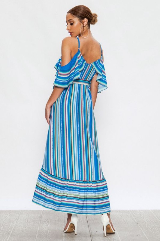 Fashion Strap Cold Shoulder Blue Multi-Color Stripe Ruffle High Low Maxi Dress