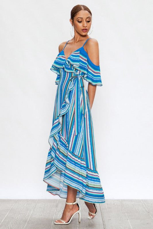 Fashion Strap Cold Shoulder Blue Multi-Color Stripe Ruffle High Low Maxi Dress