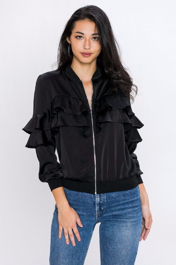 Fashion Black Satin Ruffle Bomber Jacket