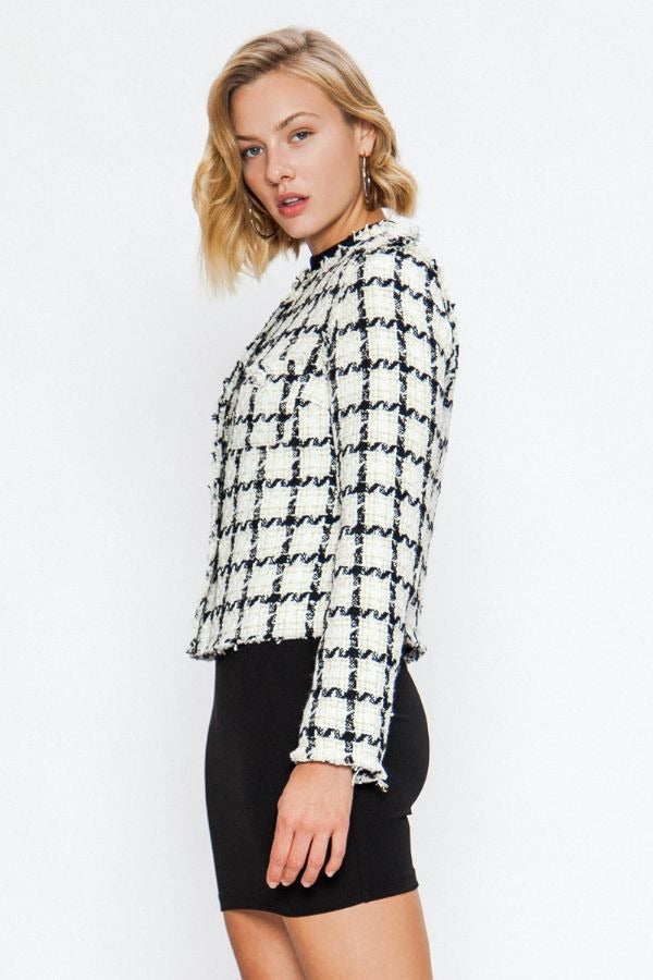 Elegant Off White Checkered Textured with Pearl Detail Jacket