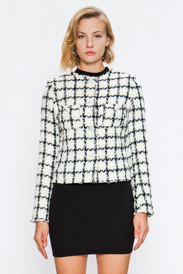 Elegant Off White Checkered Textured with Pearl Detail Jacket