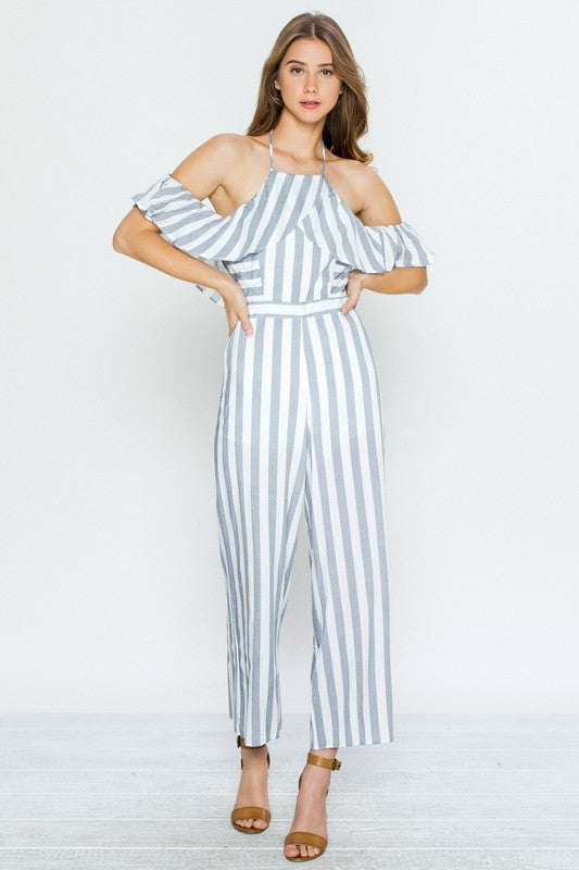 Fashion Cold Shoulder Marine Jumpsuit