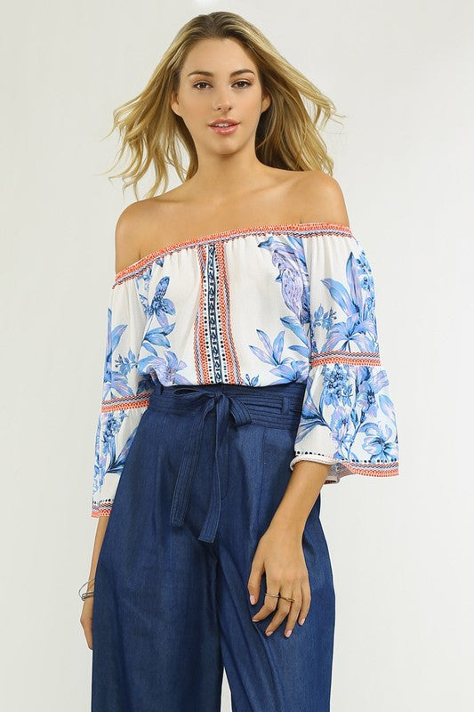 Fashion White Blue Off Shoulder Floral Print Top
