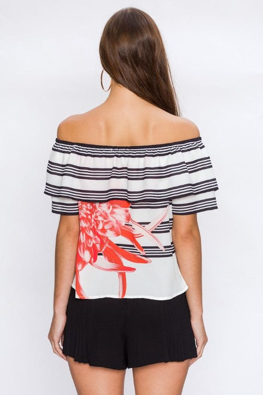 Fashion Off Shoulder Red Floral Print Contrast White Top