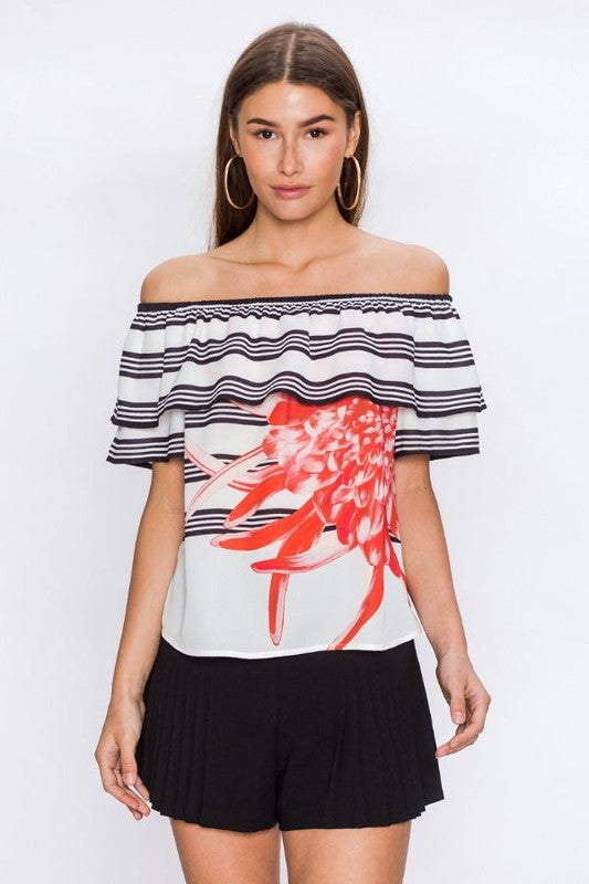 Fashion Off Shoulder Red Floral Print Contrast White Top