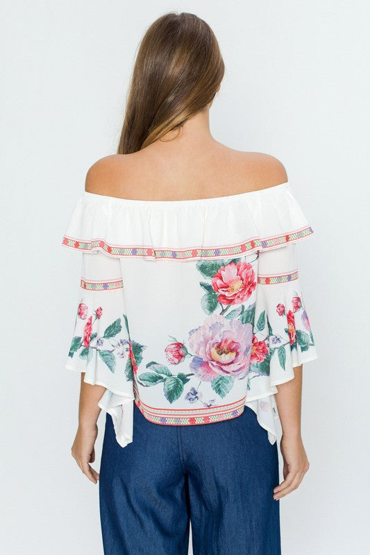 Fashion Off Shoulder Floral Top With Bell Sleeve