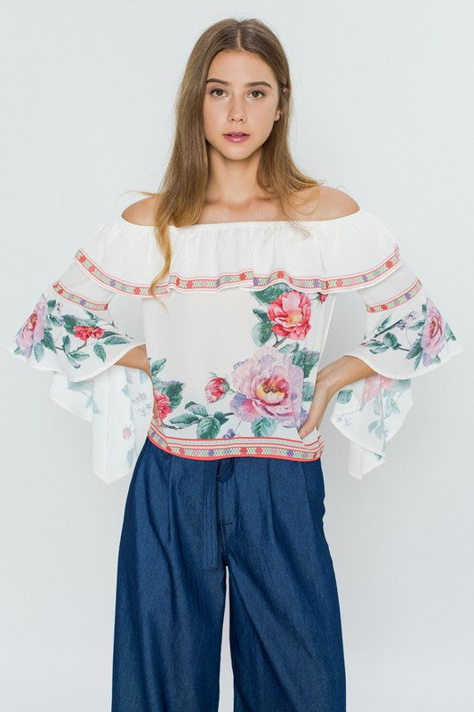 Fashion Off Shoulder Floral Top With Bell Sleeve