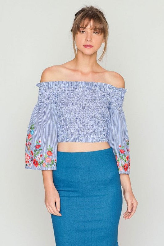 Summer Off Shoulder Marine Elastic Floral Embroidery Top