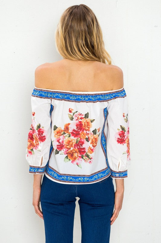 Fashion Off Shoulder Multi-Color Floral Print White Top