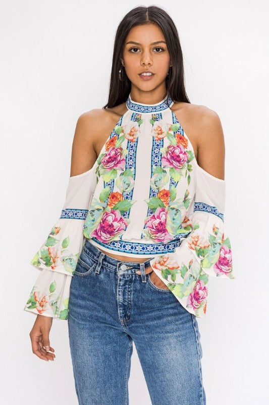 Fashion Cold Shoulder Floral Print Ruffled White Top