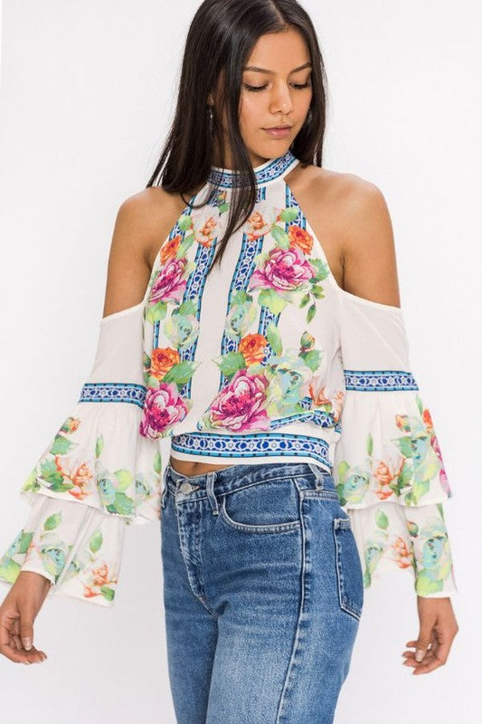 Fashion Cold Shoulder Floral Print Ruffled White Top