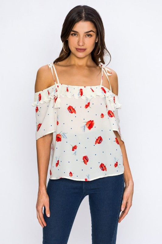 Fashion Cold Shoulder Strap Multi-Color Floral Print Ivory Top