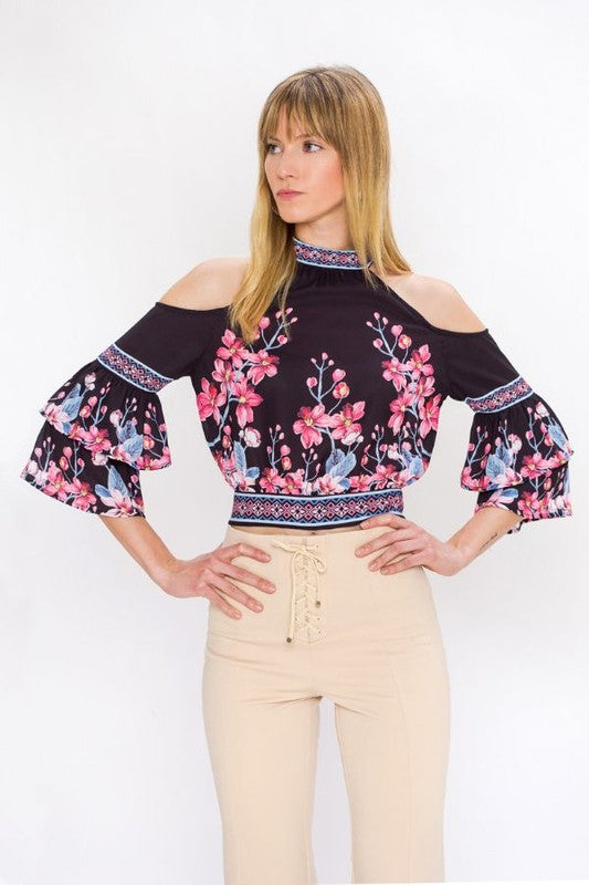 Fashion Cold Shoulder Black Floral Print Top with Bell Sleeve