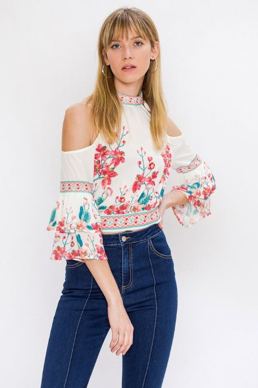 Fashion Cold Shoulder Off White Floral Print Top with Bell Sleeve