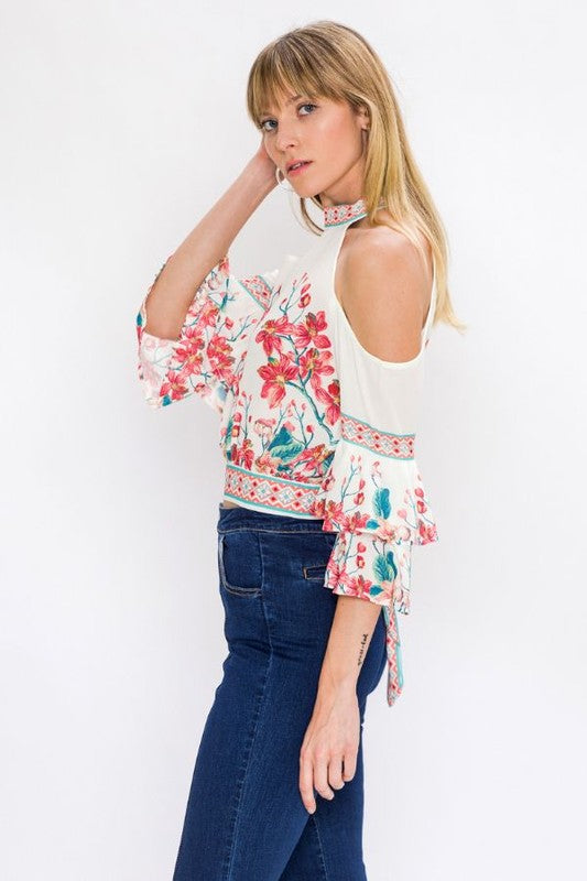 Fashion Cold Shoulder Off White Floral Print Top with Bell Sleeve