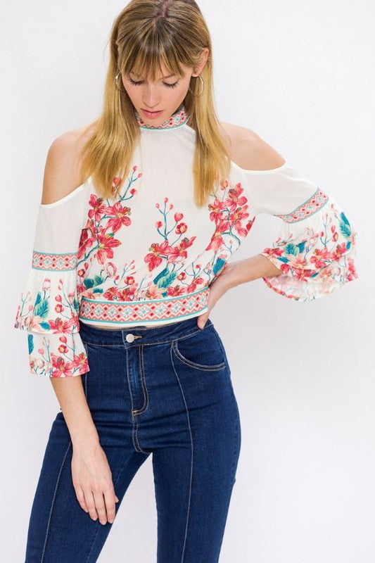 Fashion Cold Shoulder Off White Floral Print Top with Bell Sleeve