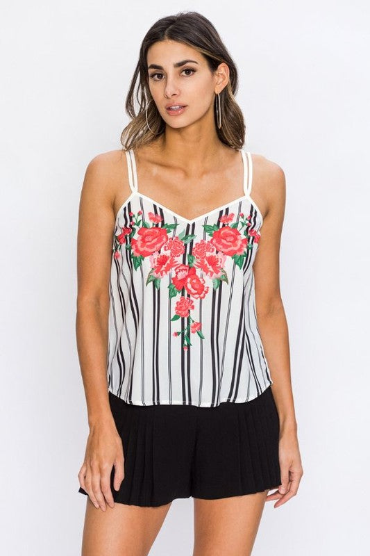 Fashion Strap Red Floral Print Contrast White Top