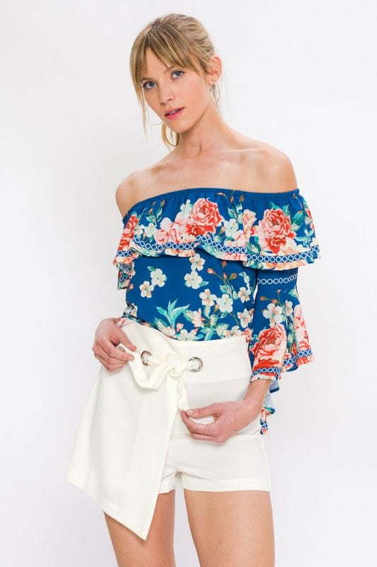 Elegant Multi-Color Floral Print Ruffle Navy Top with Bell Sleeve