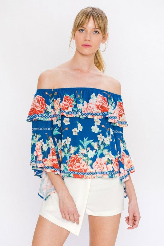 Elegant Multi-Color Floral Print Ruffle Navy Top with Bell Sleeve