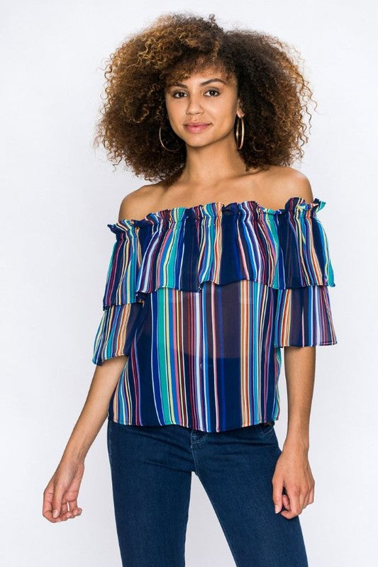 Fashion Off Shoulder Navy Multi-Color Striped Top