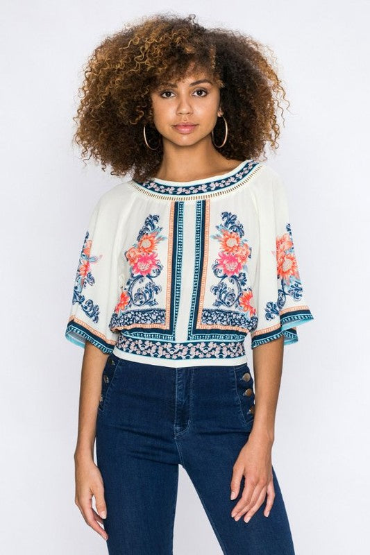 Fashion Multi-Color Floral Print Open Back White Top with Bow