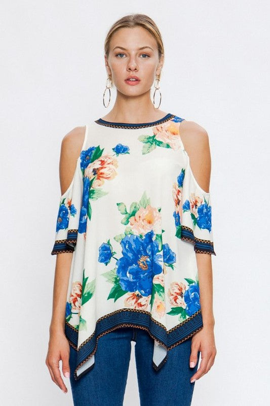 Fashion Ivory Cold Shoulder Multi-Color Floral Print Top