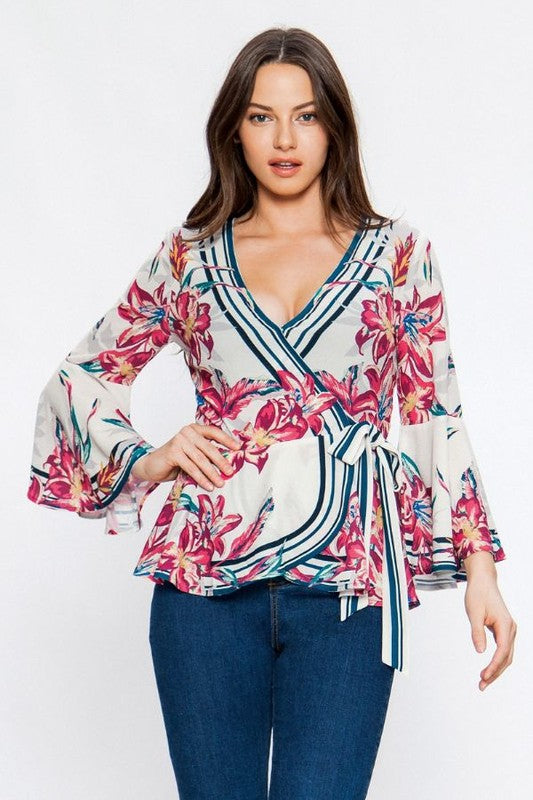 Fashion V-Neck Tie-Up Wrap Floral Print Off White Blouse with Bell Sleeve