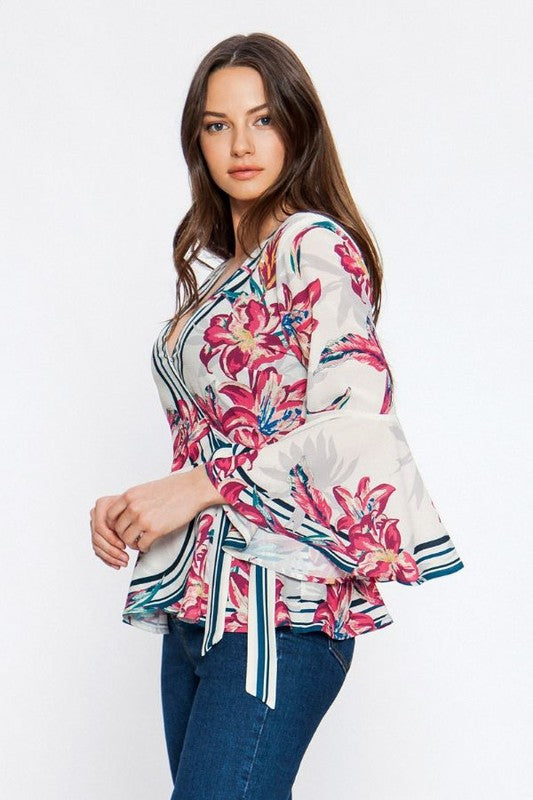 Fashion V-Neck Tie-Up Wrap Floral Print Off White Blouse with Bell Sleeve