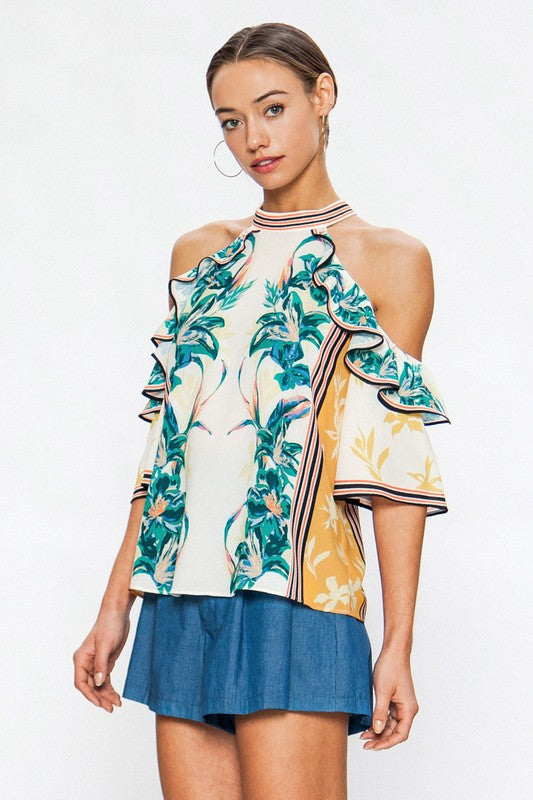 Fashion Ivory Halter Ruffle Cold Shoulder Multi-Color Floral Print Top