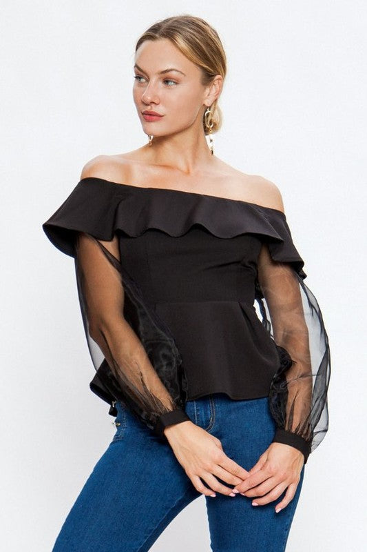 Elegant Black Off Shoulder Ruffle Top with Sheer Sleeves