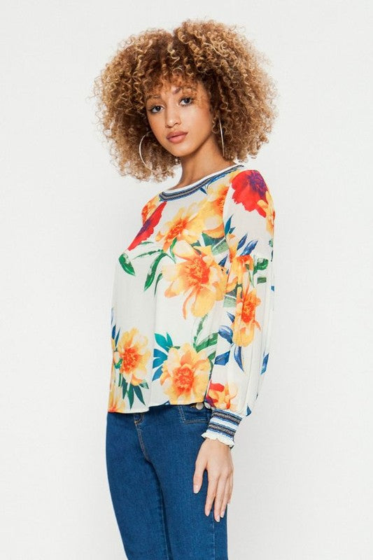 Fashion Ivory Multi-Color Floral Print Top with Long Sleeve