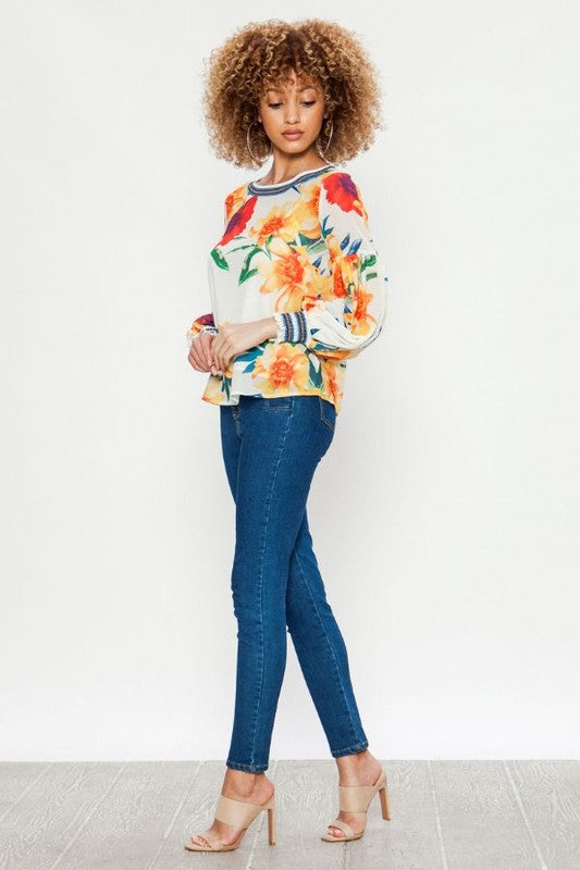 Fashion Ivory Multi-Color Floral Print Top with Long Sleeve