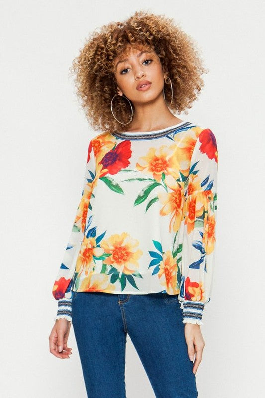 Fashion Ivory Multi-Color Floral Print Top with Long Sleeve