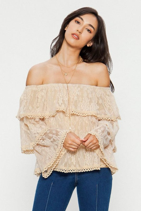 Elegant Off Shoulder Beige Lace Ruffle Top with Bell Sleeve