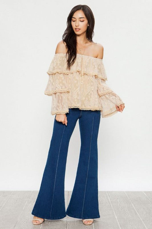 Elegant Off Shoulder Beige Lace Ruffle Top with Bell Sleeve