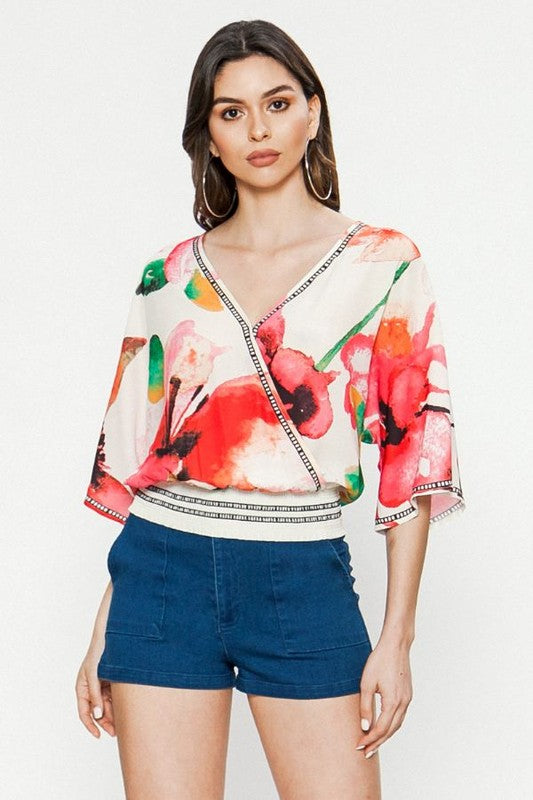 Fashion Off White Multi-Color Floral Print Wrap Elastic Top